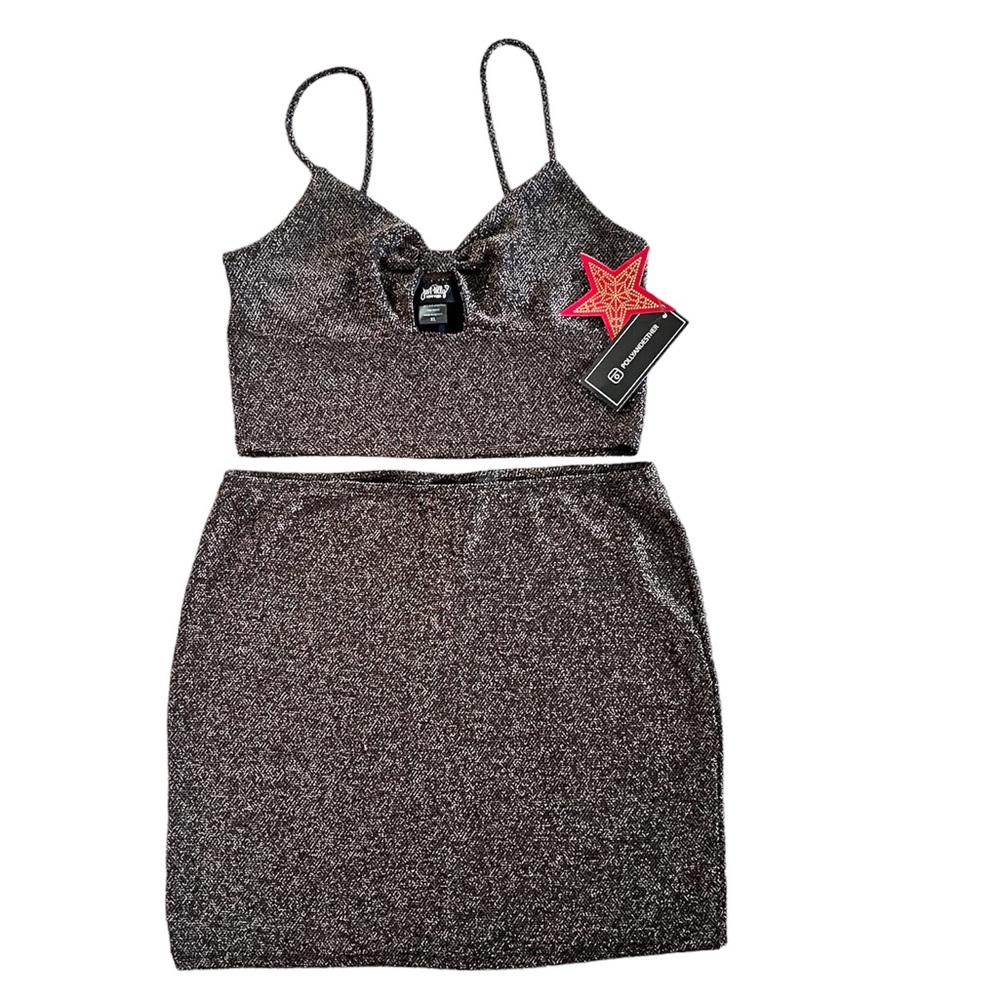 Just Polly NY 2 Piece Set Metallic Sparkle Skirt & Crop Tank NWT Bow Keyhole.